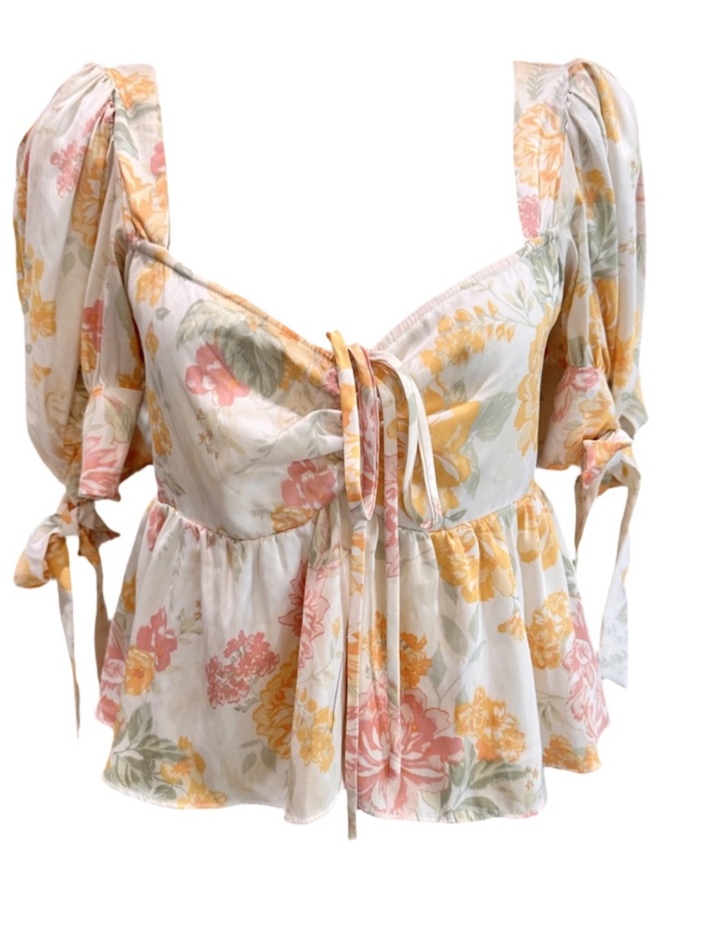 WAYF Floral Peplum Top Puff Sleeve Tie Front Blouse Size Small